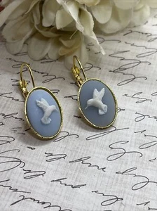 Blue White Hummingbird Bright Gold Boutique French Wire Cameo Earrings Wedding - Picture 1 of 9