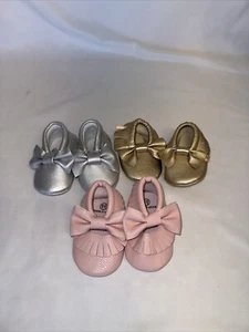 Lot Of 3 Infant Girl Moccasins 6-9 Months 4” Gold Silver Pink - Picture 1 of 1