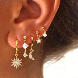 Pendientes Huggie Apilables Dije Ópalo Cristal Luna Estrella Celestial De Colección - Imagen 1 de 28