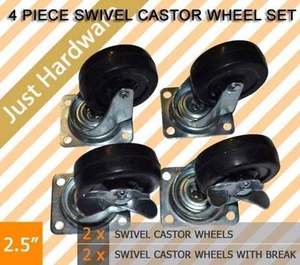 4 PC PCS 2.5" SWIVEL CASTOR CASTER WHEEL 2 with brakes 65MM Trolley Wheels - Picture 1 of 2