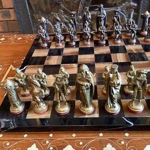 CHESS SET brass & bronze ? marble board handcrafted unique - Picture 1 of 9
