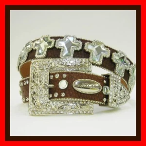 XS S M L or XL Brown Crystal CROSS CONCHOS SQ BUCKLE WESTERN COWBOY GIRL BELT - Picture 1 of 3