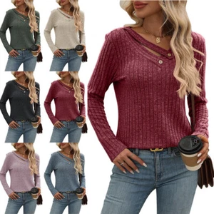 Top V-neck Button Sunken Stripe Loose Casual Women's Clothing Women T-shirt - Picture 1 of 23