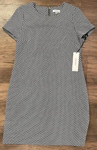 NUEVO CALVIN KLEIN Talla 10 Vestido Geométrico Vaina Negro Blanco Mangas Cortas Elástico - Imagen 1 de 13