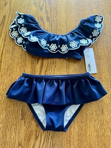 Janie And Jack Floral Ruffle Navy Bikini Two Piece Swim Suit Sz 2T NWT - Picture 1 of 4