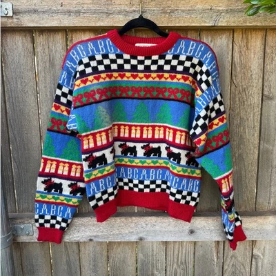 VTG Eagle's Eye Shetland Wool SWEATER scotty dog abc trees hearts packages - Image 1 of 4