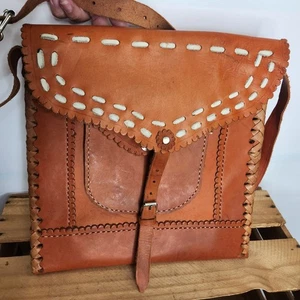 Hand Crafted Caramel Leather Ribbon Stitching Shoulder Handbag Adjustable Strap - Picture 1 of 13