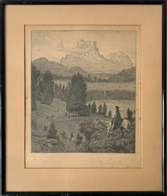 Radierung Hans Thoma 1915 Landschaft mit Reitern Ritt zur Gralsburg - Bild 1 von 4