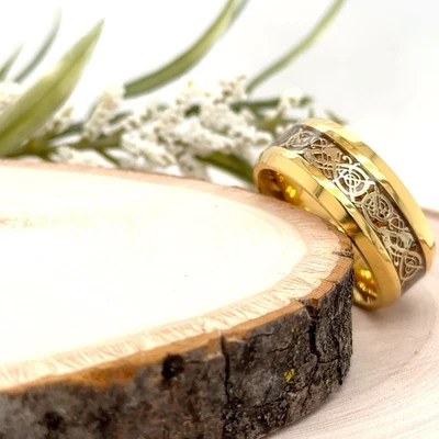 Wood Celtic Knot Inlay Christmas Ring 9mm Gold Polished Titanium Durable Band Foto 1 de 4