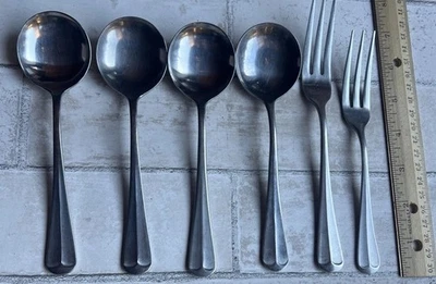 6 Pieces VTG Rogers JEFFERSON MANOR Stainless Round Chowder?  Soup Spoons, Forks - Image 1 of 4