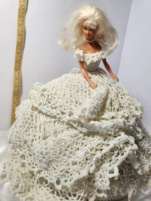 Barbie Wedding Dress Handmade Crochet Bridal Gown Cotton & Blonde 1966 Doll Lot - Image 1 of 4
