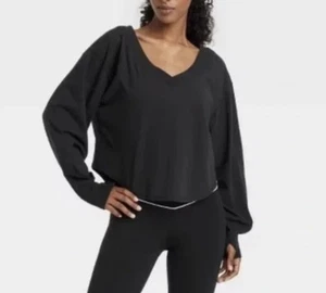 Women’s Joy Lab Long Sleeve Cropped Boxy Fit T Shirt Black XL/Retail $24 - Picture 1 of 6