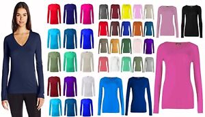 Women's Long Sleeve Tops V-Neck Plain Top Shirt Casual T-Shirt UK Size S-3XL