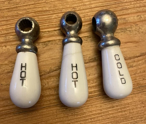 3 Vtg Porcelain Faucet Handles Levers White Salvage bathroom Sink tub Hot Cold Cover