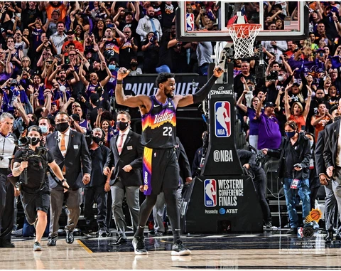 Deandre Ayton Suns Celebrate After 2021 WC Finals Game 2 Win Alley Oop Photo Cover