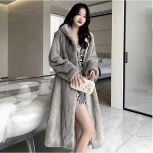 Abrigo largo de piel sintética con capucha de invierno para mujer cálido peludo informal calce suelto abrigos - Imagen 1 de 8