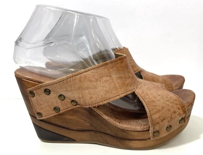 Sandálias anabela de couro BedStu Olea salto de madeira marrom desgastado 9 NOVAS - Imagem 1 de 4