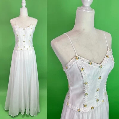 Vintage Long White Prairie Dress Floral Crochet Trim Hippie Wedding Dress- Small - Image 1 of 4