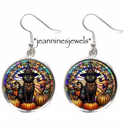 Pendientes Gato Negro Bruja Halloween CATO ARTE IMPRESIÓN Plata DIJE PENDIENTES Colgantes Foto 1 de 4