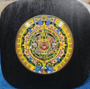 Aztec Calendar Hanging Metal Colorful Art Plaque With Wooden Board Backing - Picture 1 of 18