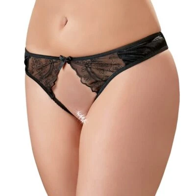 Sexy Spitzen-String S-XXL schwarz Schritt offen Spitze Satin Dessous "Moni" E13 - Bild 1 von 4