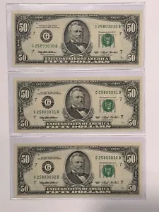 (3) UNCIRCULATED $50 - FIFTY DOLLAR BILLS 1993 CRISP SEQUENTIAL CHICAGO IL - Picture 1 of 15