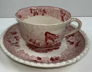 Antique Adams English Ironstone-English Scenic-Cup And Saucer Set Red England - Picture 1 of 13