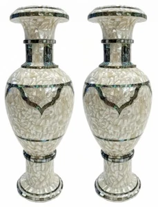24" White Mop Stone Flower Vase Set of 2 Luxury Mosaic Art Handmade Gemstone Dec - Picture 1 of 8