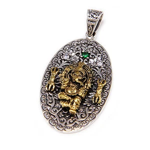 EMERALD GREEN CZ GANESH 925 STERLING SILVER BRASS BIKER GOTHIC PENDANT gb-141 - Picture 1 of 6