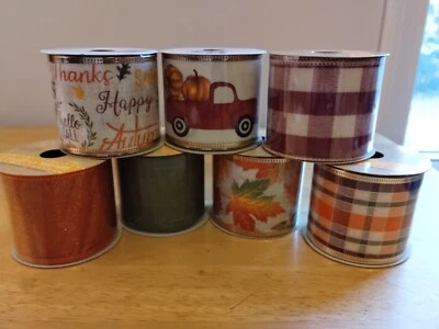 Set Of 7 Piece Fall Mix Wire Edge Craft Ribbon 9ft x 2.5in/ Roll & Bows - Image 1 of 4