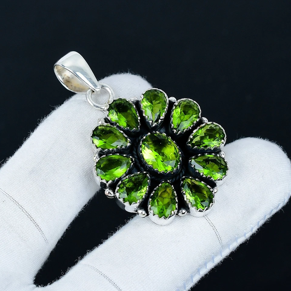Peridot Gemstone Pendant 925 Sterling Silver Handmade Floral Pendant For Gifts - Image 1 of 4