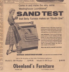 Anuncio impreso en periódico 1957, Westinghouse, Betty Furness, lavadora prueba de arena - Imagen 1 de 1