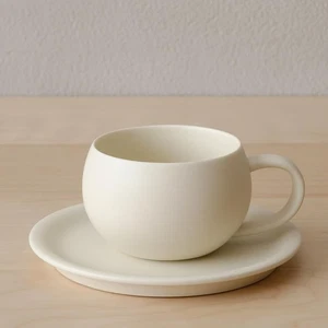Egg Shape Coffee Mug, Round Teacup with Saucer, Matte Crème, 8oz (Crème) - Picture 1 of 7