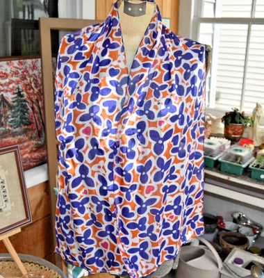 Vintage 60s Mod Skinny Scarf Sheer Floral and Hearts Orange Blue White 60x13 - Image 1 of 4