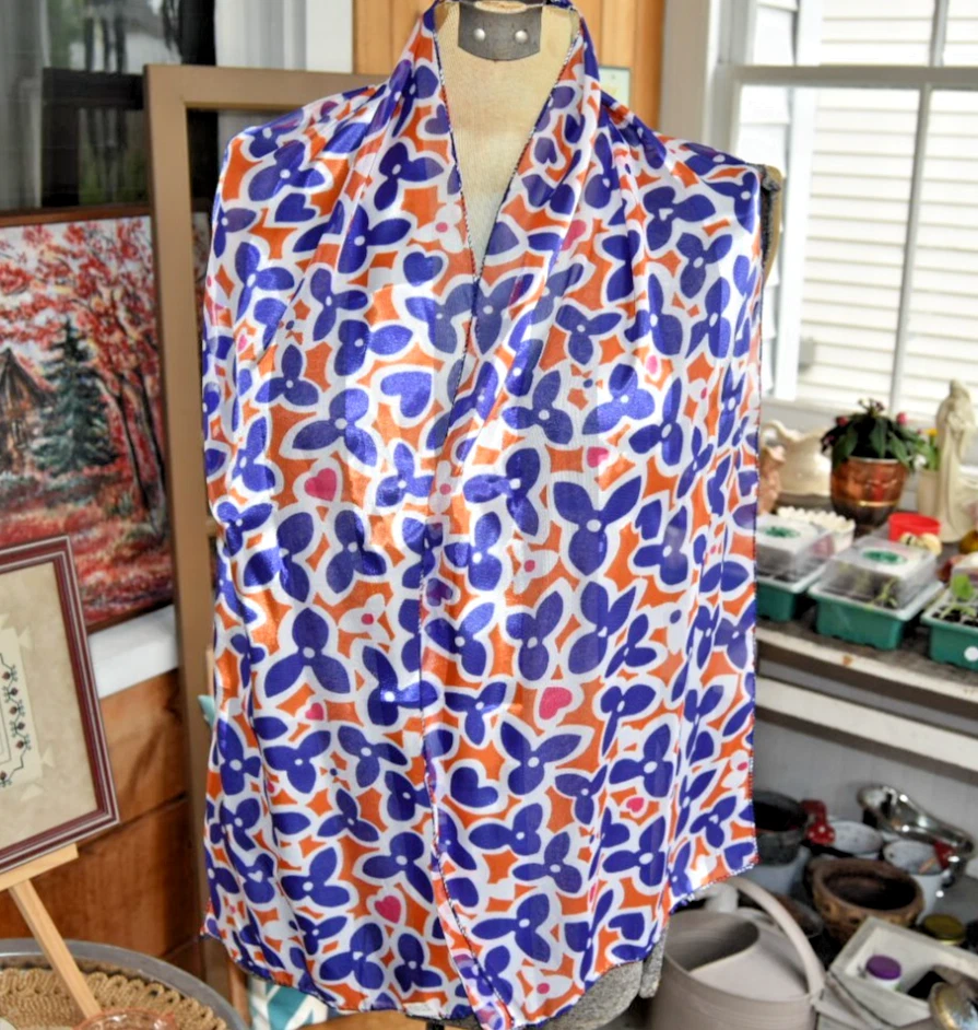Vintage 60s Mod Skinny Scarf Sheer Floral and Hearts Orange Blue White 60x13 - Image 1 of 4