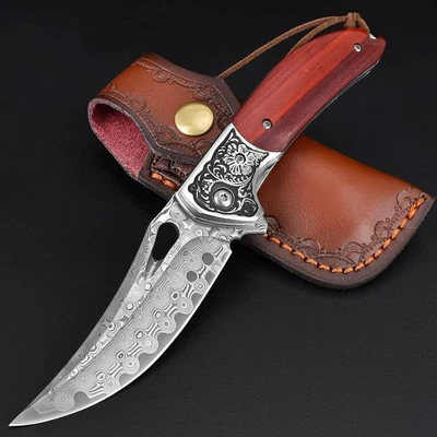 Damast Taschenmesser Klappmesser Holzgriff Outdoor Jagd Camping EDC - Bild 1 von 4