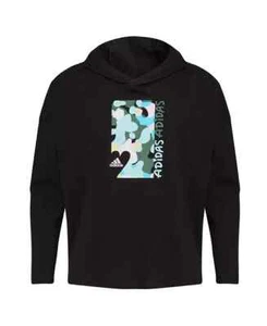 Adidas Printed Loose Fit Hooded T-Shirt Girls L(14) Black Curved Hem Long Sleeve - Picture 1 of 15