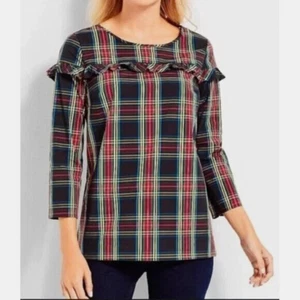 NEW $89 TALBOTS Blue,Multi Stewart Plaid Poplin Ruffle Popover Top Sz XS ( 2,4 ) - Picture 1 of 4