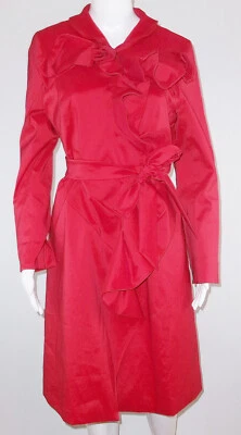 SAMUEL DONG Womens Sz S Red Taffeta Ruffle Snap Front Trench Coat Dress Belt - Image 1 of 4