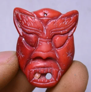 3CM Old China Red Wood Dynasty People Beast Face Mask Amulet Pendant - Picture 1 of 4
