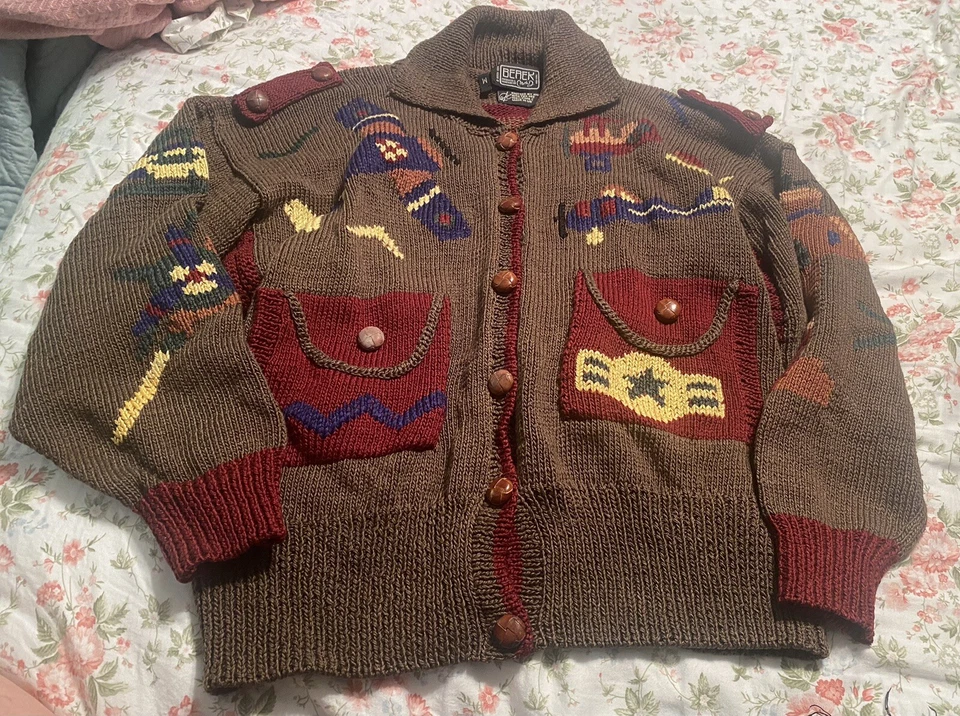 Cárdigan Berek Marta D Tejido a Mano Suéter Cuero Botones Mediano Colorido Mujeres Yo Foto 1 de 4