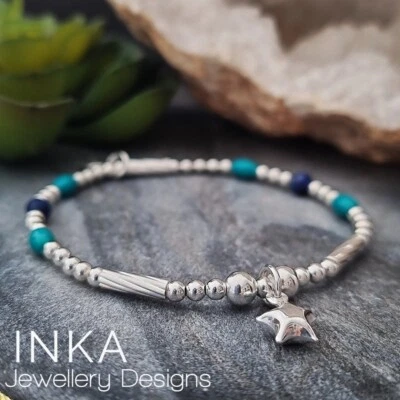 Pulseira azul prata esterlina 925 com miçangas empilhador elástico de pedra preciosa com estrela INKA - Imagem 1 de 4