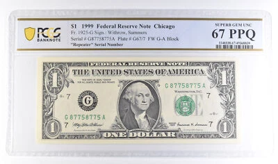 1999 $1 Chicago FRN Fr#1925-G Repeater Serial Superb Gem Unc 67 PPQ PCGS *6116 - Image 1 of 3