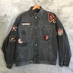 Vintage First Team Baseball Club Black Faded Denim Jacket w/Patches Men's Medium - Picture 1 of 19