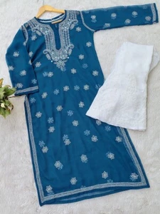 Blue Chikankari Georgette Kurta Sharara Set Ethnic Wear Salwar Kameez Dress - Picture 1 of 3