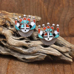 Sterling Silver Inlaid Kachina Mask Clip On Earrings - Picture 1 of 4