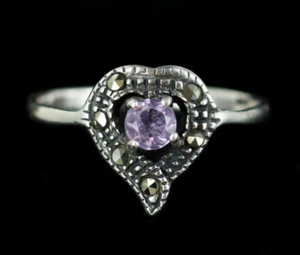 Vintage Plata de Ley Art Déco Forma Corazón Amatista Anillo Marcasita Talla 8 - Imagen 1 de 5