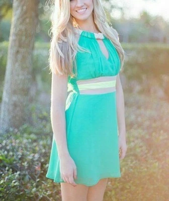 Anthropologie JUDITH MARCH Green Rope Detail Dress S Neon Stripe  - Image 1 of 4