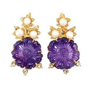 Summer 925 Silver Earrings Amethyst Flower Carving Pearl Handmade Gemstone - Picture 1 of 9