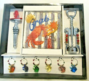 Bar Set Wine Opener-Bottle Stopper Bar Ware Metal and Glass Charms and Napkins - Picture 1 of 6